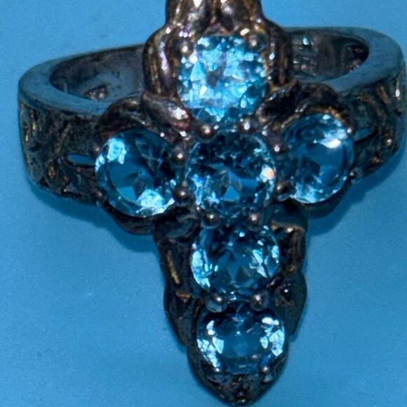 925 Sterling Silver 6 stone Genuine Blue Topaz Cross Ring Sz 9 - Picture 4 of 9